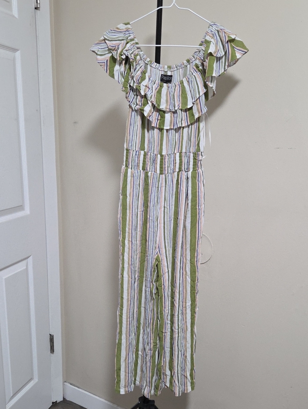 Papillon Blanc Olive & White Striped Ruffle Off-Shoulder Jumpsuit